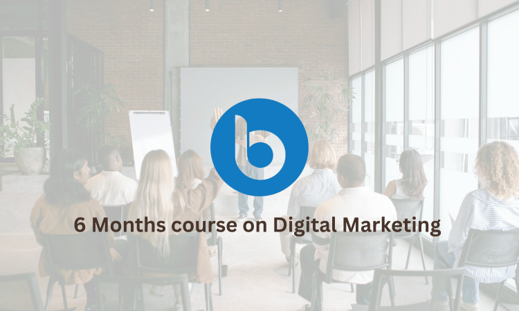A teacher is teaching students in bispage classroom as a background photo and written 6 months digital marketing course title with bispage logo as blue circle and white b in centre